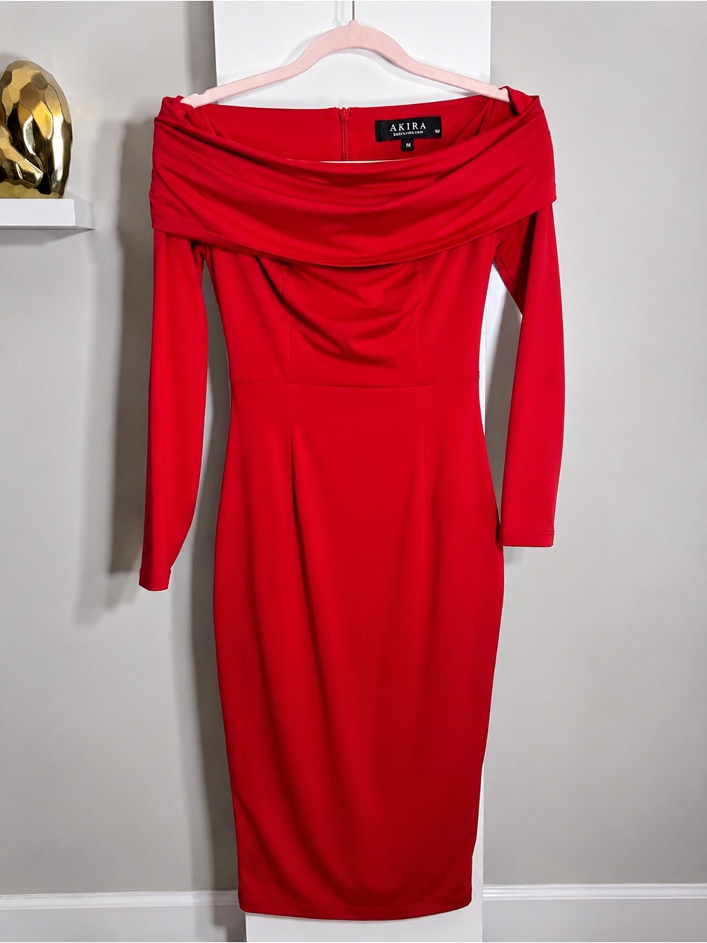AKIRA Red Off Shoulder Bodycon Midi Dress Size M Long Sleeve Cocktail Party